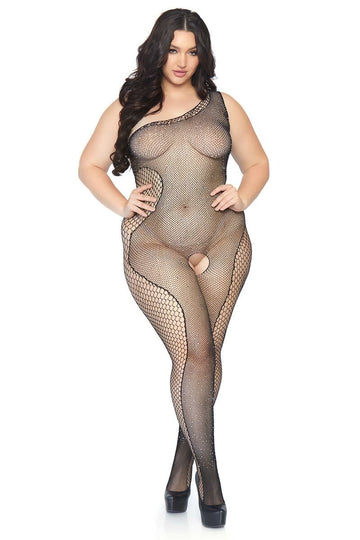Bodystocking asimétrico de red cristalizada con detalle lateral de red industrial